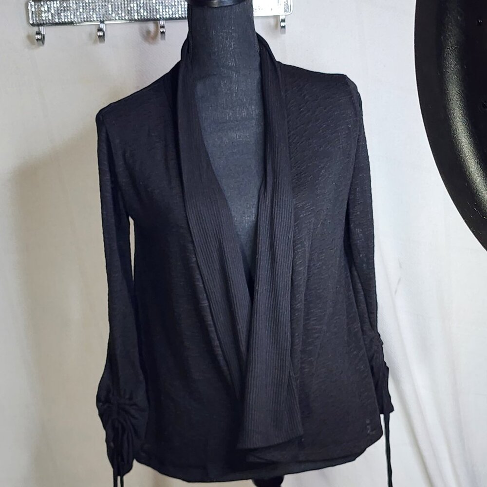 No Boundaries Black Open Front Crochet Insert on Back Adj Sleeve Cardigan Size S